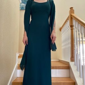 Forest green chiffon 90s style dress with shall